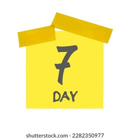 Seventh day of the month. Mark 7 days. Yellow sticker with scotch and handwritten lettering font. Drawing isolated on white background. Vector illustration.