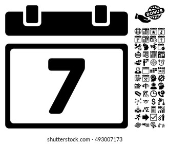 Seventh Day pictograph with bonus calendar and time management pictogram. Vector illustration style is flat iconic symbols, black color, white background.