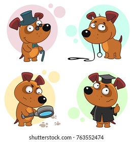 Seventh part of a collection of icons with dogs for design. A dog in a hat and with a cane, a dog with a leash that wants to walk, a dog detective with a magnifying glass and a dog student.
