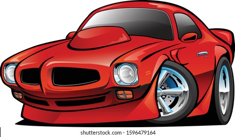 Seventies American Classic Muscle Car Cartoon Isolated Vector Illustration