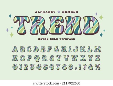 Seventies Nostalgic Alphabet And Number. Groovy Retro Wave Swirl Typographic. Decorative Pattern Font. Vintage 60s, 70s Bold Typeface For Poster, Graphic Print, Design Layout, Merchandise, Etc.