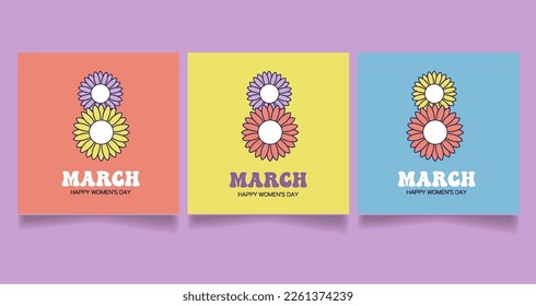 Seventies retro Flower Power background with hippie flowers. International Womens day Greetings. 8th March Day. Mothers day. Colorful illustration in 70s 60s vintage style. Vector
