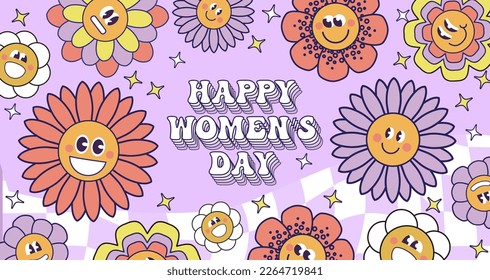 Seventies retro Flower Power background with hippie flowers. International Womens day. 8th March Day. Mothers day. Colorful pastel illustration in 70s 60s vintage style. Vector