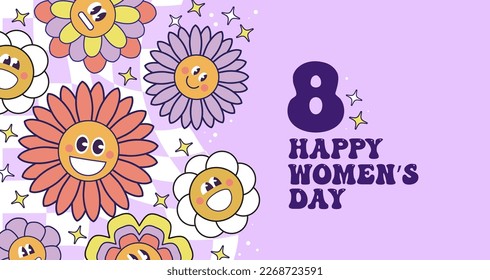 Seventies retro Flower Power background with hippie flowers. International Womens day. 8th March Day. Mothers day. Colorful illustration in 70s 60s vintage style. Vector