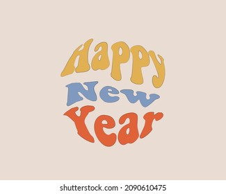 Seventies retro Happy New Year and Merry Christmas slogan with hippie groovy flowers in circle and sticker Vector
