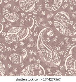 Seventies Retro Outline Hand Drawn Paisley Vector Seamless Pattern. Monochrome Cute Feminine Whimsical Classic Textile Print