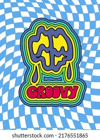 Seventies retro slogan Groovy word on checkered background with peace hippie sign. acid colors and psychedelic elements.