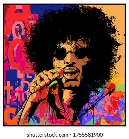 seventies rock star singer - vector illustration (Ideal for printing on fabric or paper, poster or wallpaper, house decoration) The portrait is totally fictitious