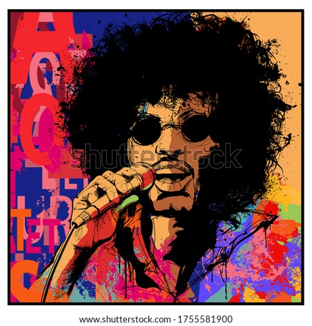 seventies rock star singer - vector illustration (Ideal for printing on fabric or paper, poster or wallpaper, house decoration) The portrait is totally fictitious