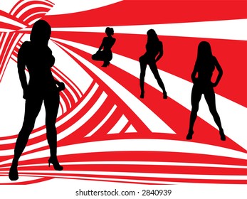 Una imagen de estilo setenta en rojo y blanco con mujeres sexys en silueta