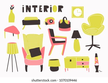 Seventies style interior. Hand drawn vector set. All elements are isolated