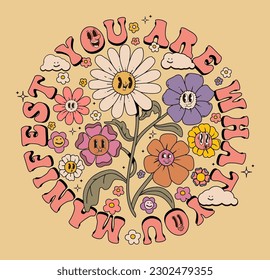 Seventies vintage groovy composition with hippie flowers daisies and typographic composition. Colorful vector illustration in vintage style. 70s 60s nostalgic poster or card, t-shirt print