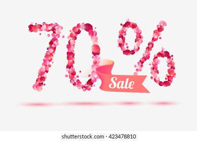 seventy (70) percents sale. Vector digits of pink rose petals
