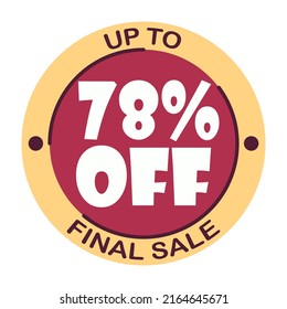 Hasta setenta y ocho por ciento de la venta final. Icono 78 %. Oferta especial etiqueta de descuento con viernes negro. Ventas planas Porcentaje de descuento en el precio reducir la ilustración de diseño de promoción de placa aislado blanco