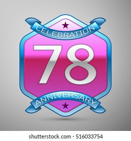 Seventy eight years anniversary celebration silver logo with blue ribbon and purple hexagonal ornament on grey background.