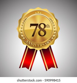 seventy eight years anniversary logotype, with golden badge and red ribbon, vector elements for birthday celebration.