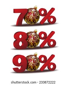 Seventy, Eighty and Ninety  percent discount icon with Red Christmas Balls