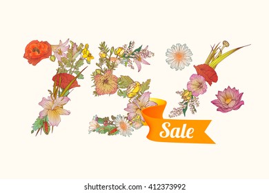 seventy five (75) percents sale. Floral vector digits