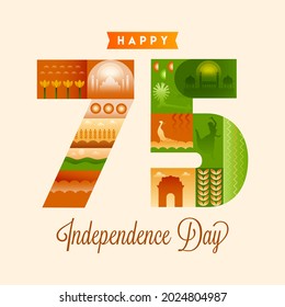 Seventy Five (75) Years Of Independence Day With Showing Indian Culture And Heritage Over Background.