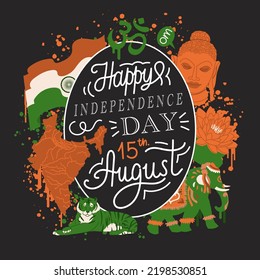Seventy five 75 years of Indian independence. Happy foundation day greeting. 15 August traditional Indian holiday. National symbols and sights. Flat style in vector illustration.