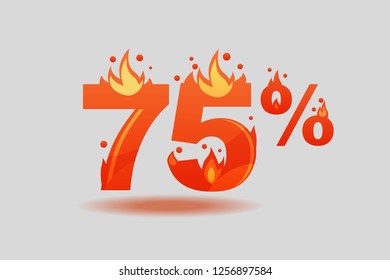 seventy five percent discount, numbers on fire. Flat Vector Illustration