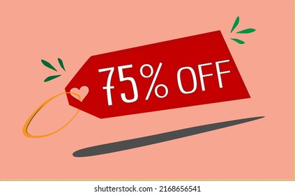 75% descuento en banner rojo con etiqueta y corazón para promociones y ofertas