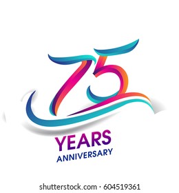 seventy five years anniversary celebration logotype blue and red colored. 75th birthday logo on white background.