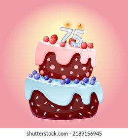 Seventy five years birthday cake with candles number 75. Cute cartoon festive vector image. Chocolate biscuit with berries, cherries and blueberries. Happy Birthday illustration for parties