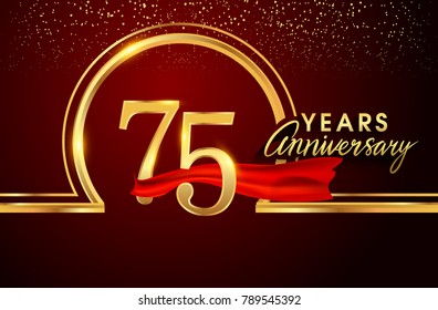 seventy five years birthday celebration logotype. 75th anniversary logo with confetti and golden ring, red ribbon isolated on red background, vector design for greeting card and invitation card.