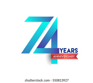 seventy four years anniversary celebration logotype blue colored with red ribbon. 74th birthday logo on white background