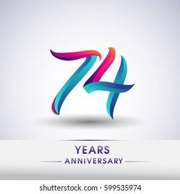 seventy four years anniversary celebration logotype blue and red colored, 74th birthday logo on white background