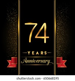 seventy four years anniversary celebration logotype. 74th anniversary logo with confetti golden colored and ribbon isolated on black background, vector design for greeting card and invitation card