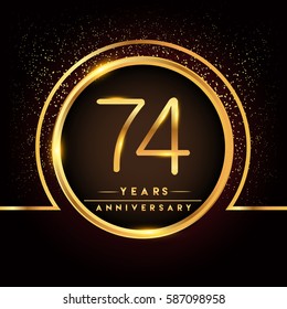 seventy four years birthday celebration logotype. 74th anniversary logo with confetti and golden ring isolated on black background, vector design for greeting card and invitation card.