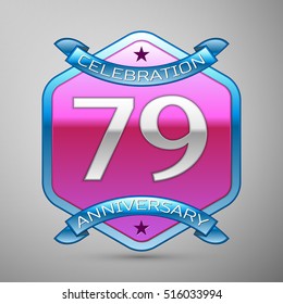 Seventy nine years anniversary celebration silver logo with blue ribbon and purple hexagonal ornament on grey background.