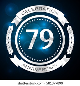 Seventy nine years anniversary celebration with silver ring and ribbon on blue background. Vector illustration
