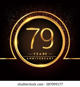 seventy nine years birthday celebration logotype. 79th anniversary logo with confetti and golden ring isolated on black background, vector design for greeting card and invitation card.