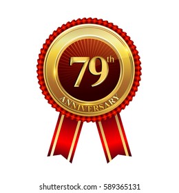 seventy nine years birthday celebration logotype. 79th years anniversary golden badge with red ribbons isolated on white background, vector design for greeting card, banner and invitation card
