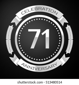 Seventy one years anniversary celebration with silver ring and ribbon on black background. Vector illustration