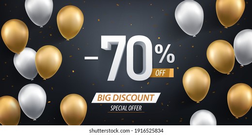 Seventy percent discount. Gold and white balloons with confetti on black background.