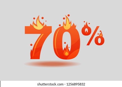 seventy percent discount, numbers on fire. Flat Vector Illustration