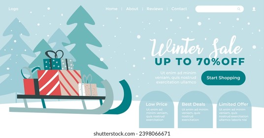 Up to seventy percent off on winter season shopping. Presents and gifts for family and friends. Low prices and best deals. Website landing page, internet site template. Vector in flat styles