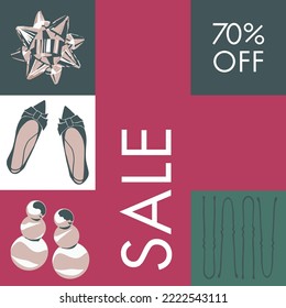 Seventy percent off prices, discounts, and sales of shops and stores. Beauty products and trendy clothes and accessories for women. Promotional banner or advertisements. Vector in flat style