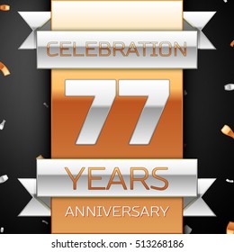 Seventy seven years anniversary celebration golden and silver background. Anniversary ribbon