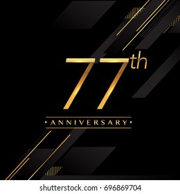 seventy seven years anniversary celebration logotype. 77th anniversary logo golden colored isolated on black background, vector design for greeting card and invitation card.