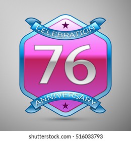 Seventy six years anniversary celebration silver logo with blue ribbon and purple hexagonal ornament on grey background.