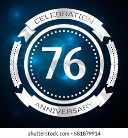 Seventy six years anniversary celebration with silver ring and ribbon on blue background. Vector illustration