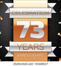 Seventy three years anniversary celebration golden and silver background. Anniversary ribbon