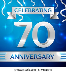 Seventy Years Anniversary Celebration Design. Confetti and silver ribbon on blue background. Colorful Vector template elements for your birthday party. Anniversary ribbon