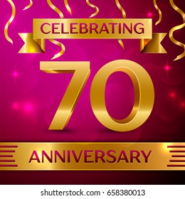 Seventy Years Anniversary Celebration Design. Confetti and golden ribbon on pink background. Colorful Vector template elements for your birthday party. Anniversary ribbon