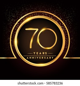 logotipo de celebración de cumpleaños por setenta años. Logo del 70 aniversario con confeti y anillo dorado aislado en fondo negro, diseño vectorial para tarjeta de felicitación y tarjeta de invitación